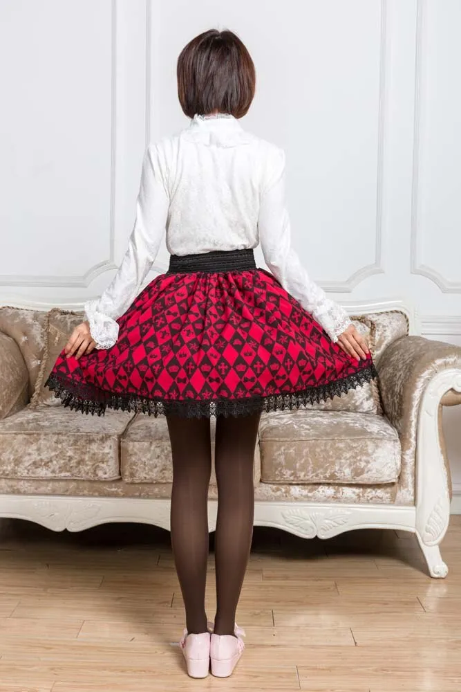 Sweet Deep Red Diamond Checkered Skirt Mori Girl Short Skirt with Lace Trimming