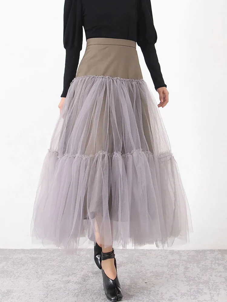 Sweet Loose Patchwork Mesh Skirt For Women High Waist Casual Midi Skirts Female Fashion Summer Clothing Style