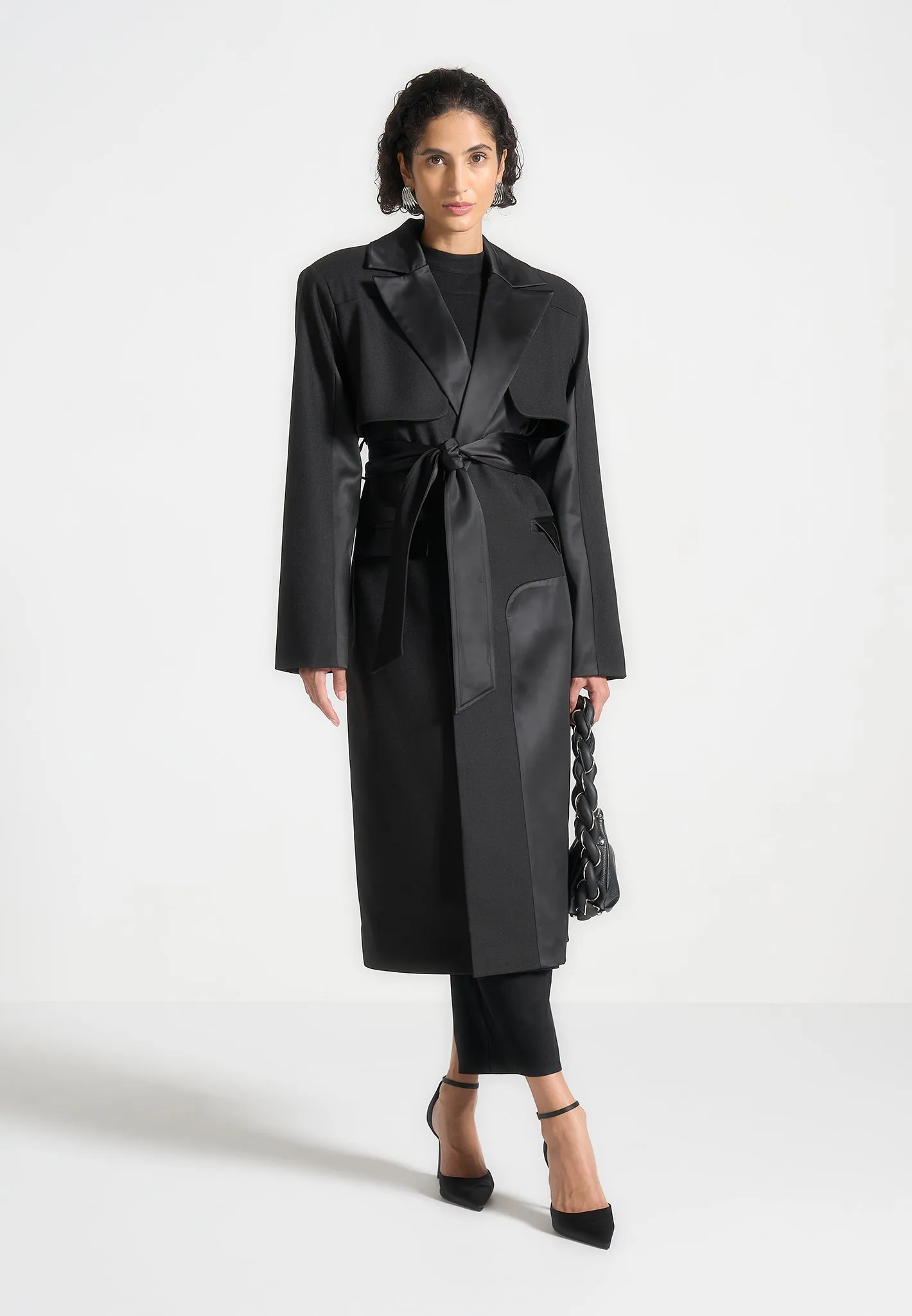 Tailored Satin Trench Coat - Black