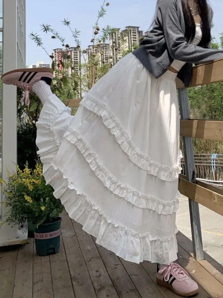 TAVIMART  -  White Midi Long Skirt Women Cotton Skirt 2024 Goth Lolita Spring Summer High Waisted High Low Ruched Ruffle Pleated Skirts rok