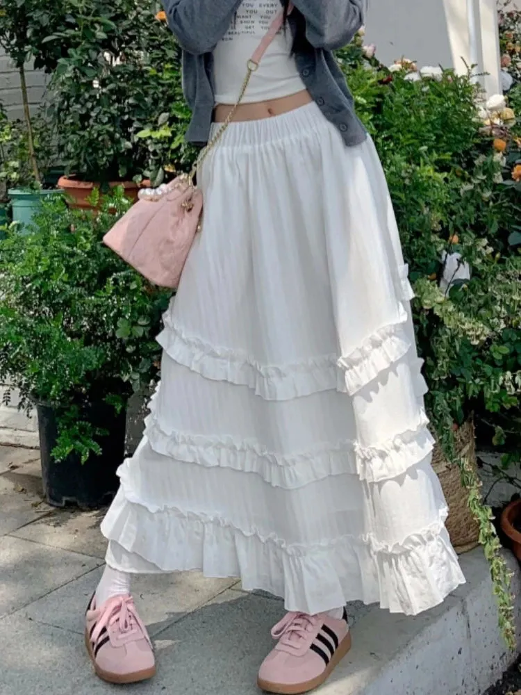 TAVIMART  -  White Midi Long Skirt Women Cotton Skirt 2024 Goth Lolita Spring Summer High Waisted High Low Ruched Ruffle Pleated Skirts rok