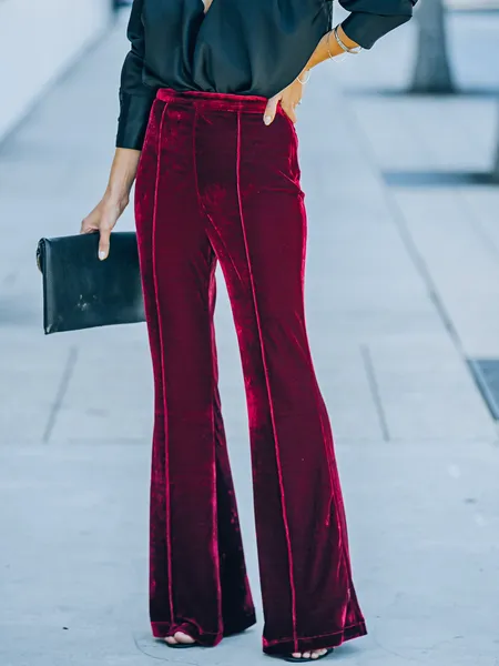 TEEK - Burgundy Velvet Slim-Fit Flared Pants