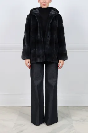 The Louisa Hooded Horizontal Cross Mink Fur Jacket in Charcoal