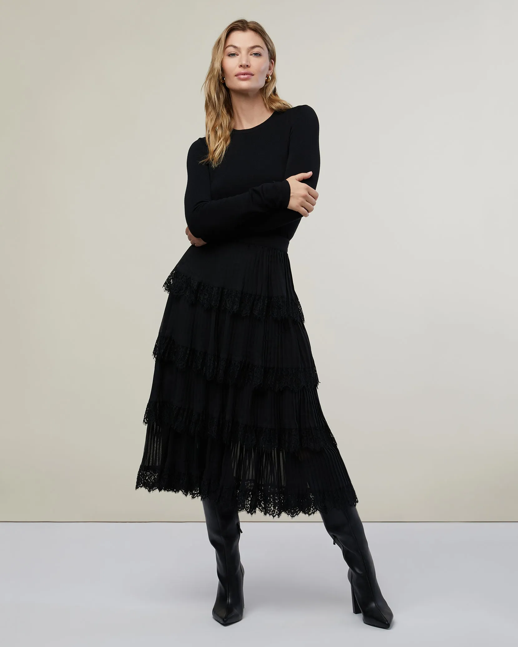 Tiered Pleated Skirt with Lace Trim