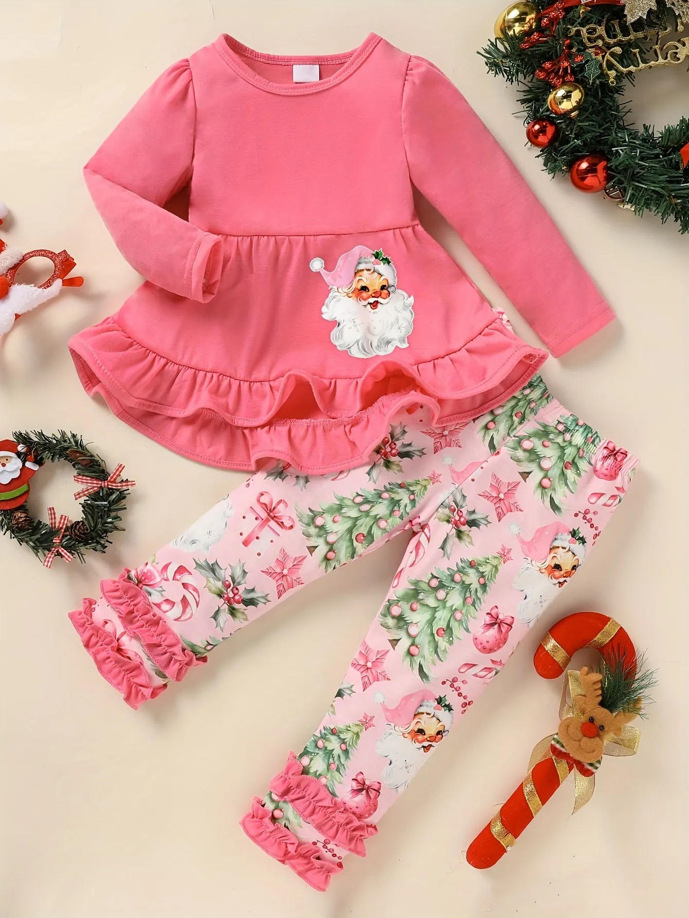 Toddler Girl's Festive Santa Claus Outfit - Ruffled Hem Long Sleeve Top with Cute Print, Flared Pants Set for Party Casual Wear - Soft, Comfortable, and Adorable Clothing for Festive Occasions and Holiday Parties