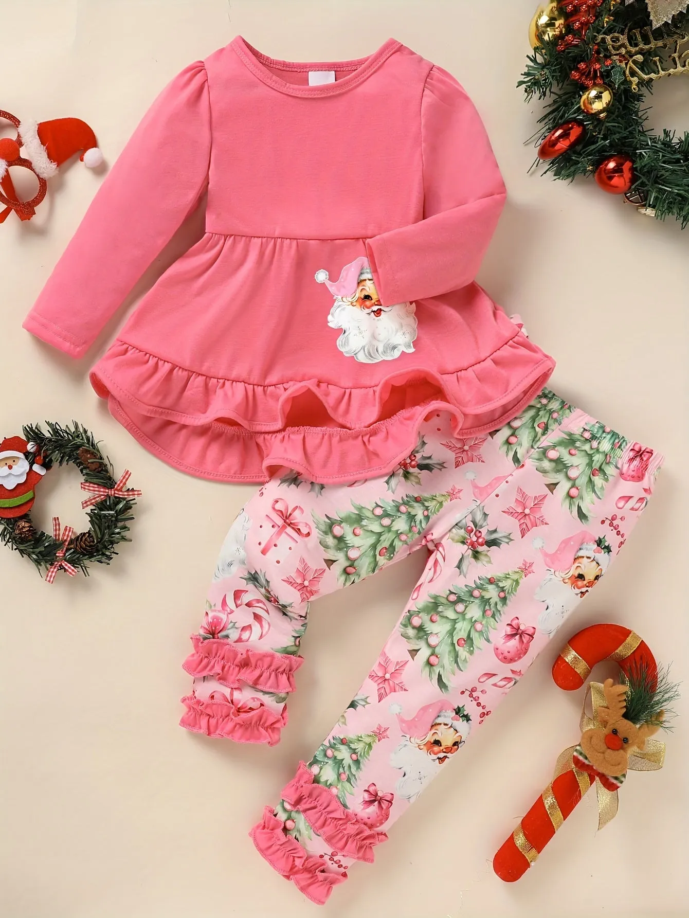 Toddler Girl's Festive Santa Claus Outfit - Ruffled Hem Long Sleeve Top with Cute Print, Flared Pants Set for Party Casual Wear - Soft, Comfortable, and Adorable Clothing for Festive Occasions and Holiday Parties