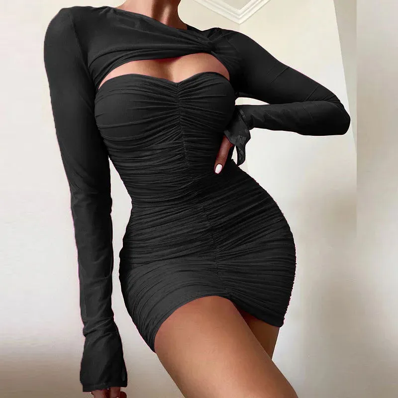 Toleet-One Shoulder Mesh Sexy Bodycon Dresses Women White Pleated Mini Summer Dress Vestidos Elegant Club Party Dresses