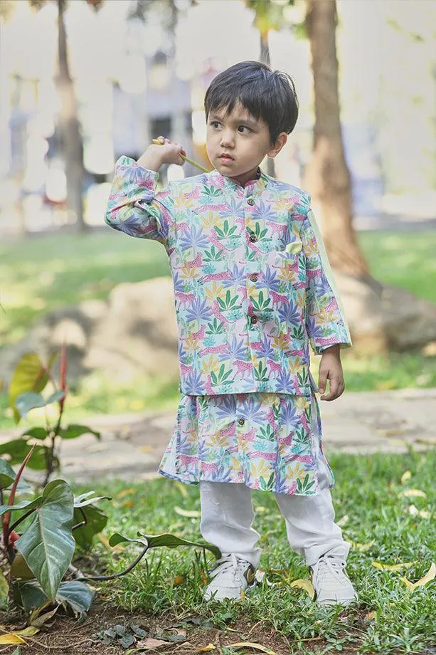 Tropical Print Bandi Kurta and Off-White Pants Set for Boys