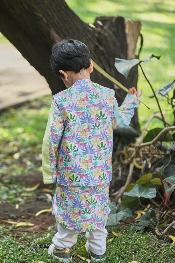 Tropical Print Bandi Kurta and Off-White Pants Set for Boys