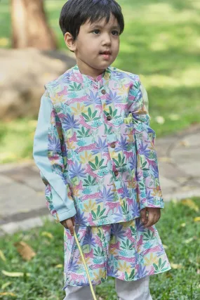 Tropical Print Bandi Kurta and Off-White Pants Set for Boys