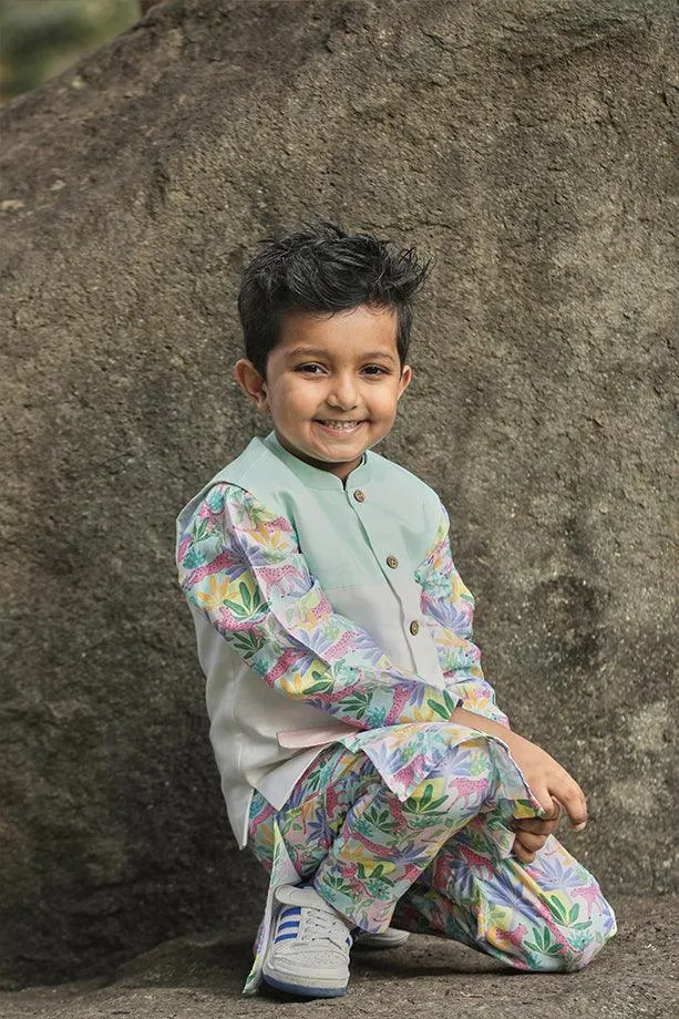 Tropical Print Kurta and Off-White Pants Bandi Set for Boys