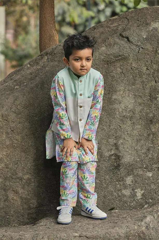 Tropical Print Kurta and Off-White Pants Bandi Set for Boys