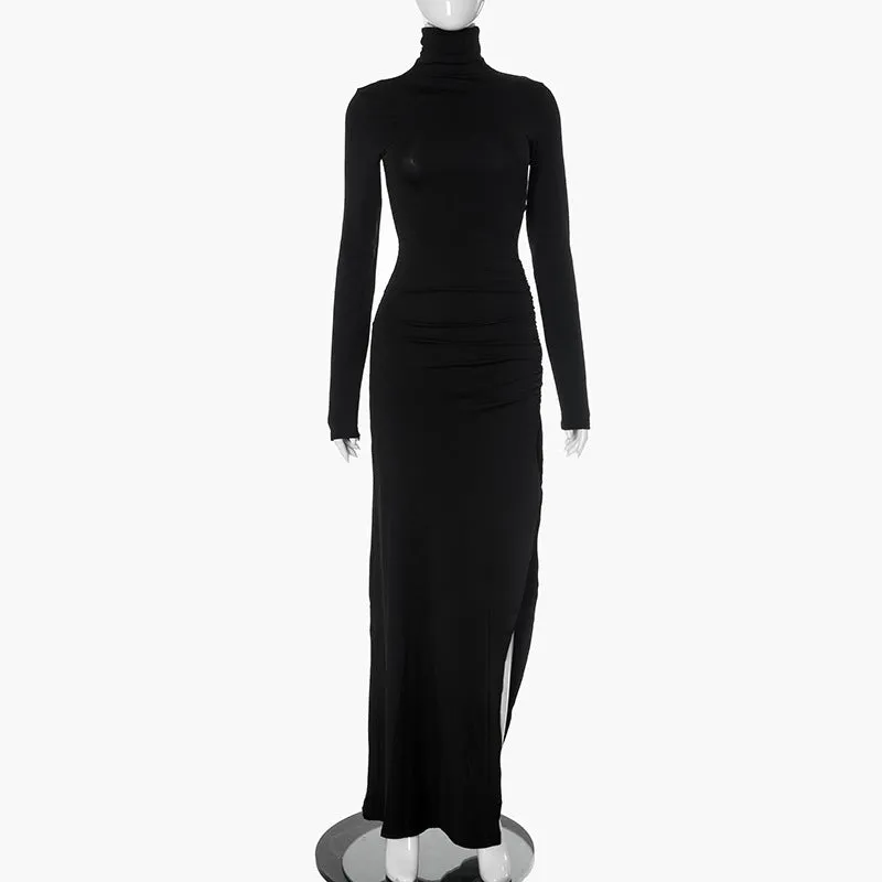 Uniwim old money outfits men Women's Autumn Elegant Turtleneck Long Sleeve Slim High Waist Pleated Slit Length Dress