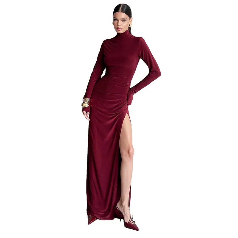 Uniwim old money outfits men Women's Autumn Elegant Turtleneck Long Sleeve Slim High Waist Pleated Slit Length Dress