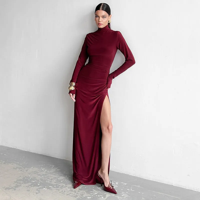 Uniwim old money outfits men Women's Autumn Elegant Turtleneck Long Sleeve Slim High Waist Pleated Slit Length Dress