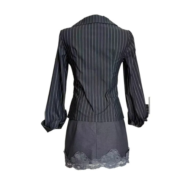 Uniwim Original Striped Shirt Lace Edge Pleated Sexy Slimming Sheath Skirt Women's Suit