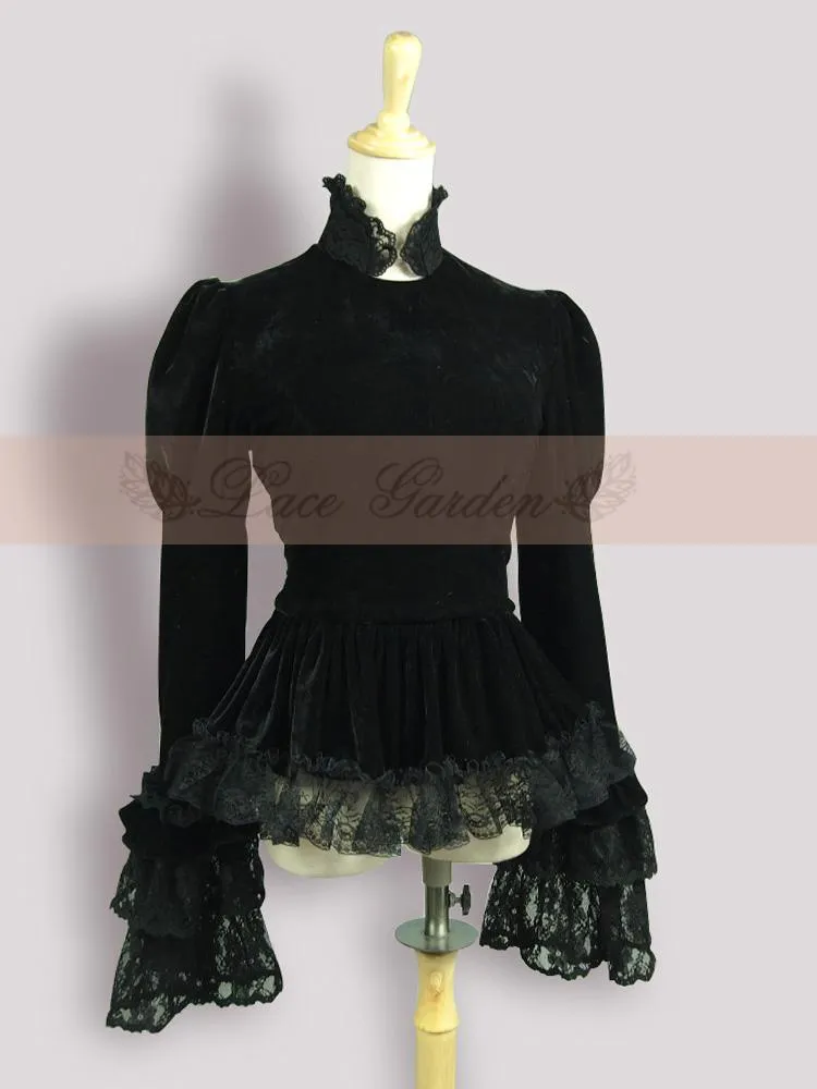 Vintage Black Velvet Women's Jacket Long Flare Sleeve Top with Layered Lace Ruffle Cape by Lace Garden