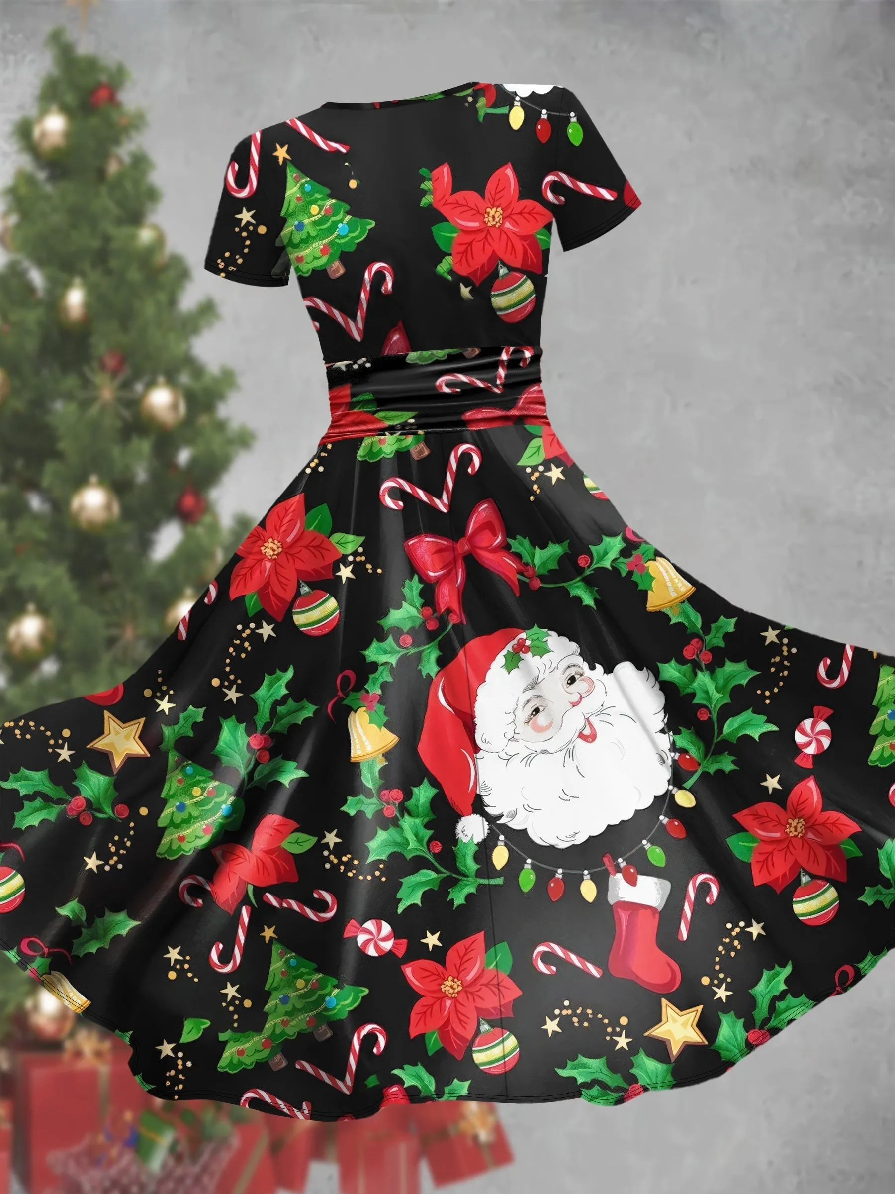 Vintage Christmas Themed Dress for Women - V-Neck Polyester Knit Fabric with Santa and Christmas Tree Print - All-Season Adult Dress with Flared Skirt