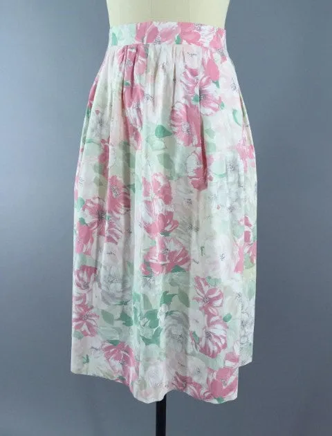 Vintage Midi Skirt / Pastel Pink Floral Print