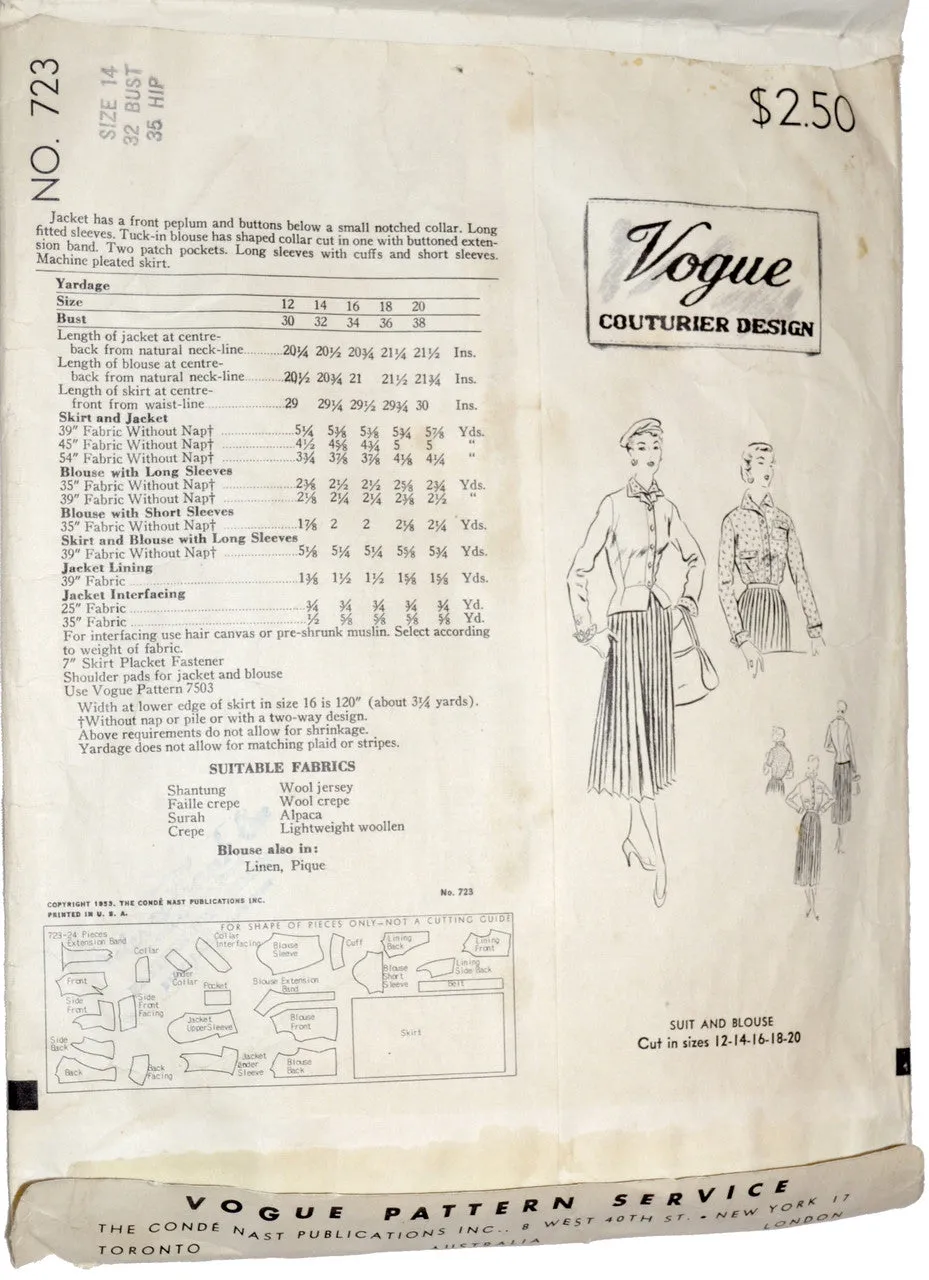 Vogue Couturier 723 Vintage Sewing Pattern 1953 Rare Sewing Collectible 32B