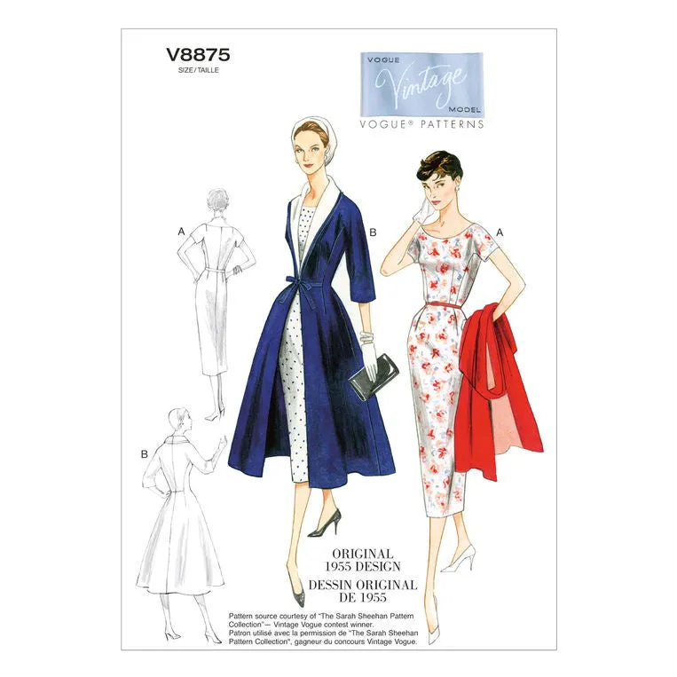 Vogue Pattern V8875 Vintage 1950s Misses' Dress, Belt, Coat & Detachable Collar