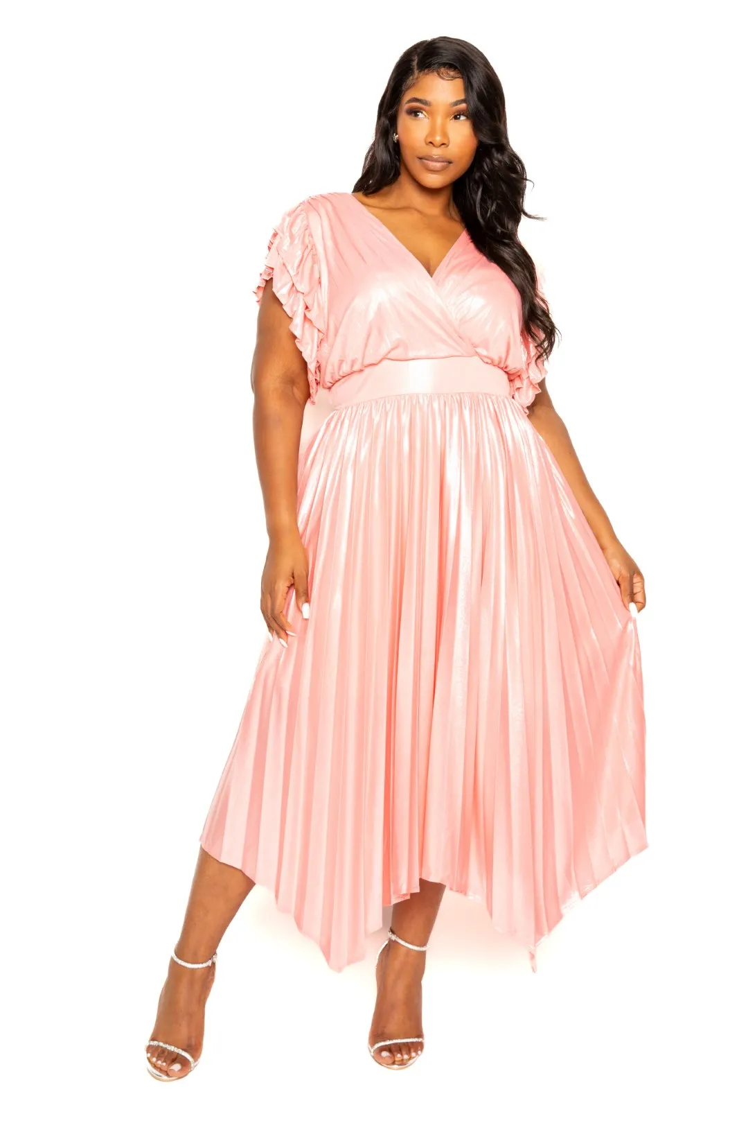 Voluptuous ( ) Plus Pleated Flutter Sleeve Holiday Attire Dress