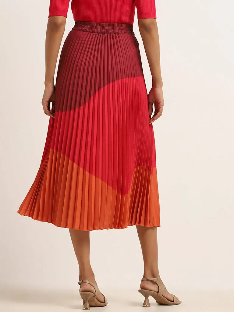 Wardrobe Pink Color-Block Pleated Midi Skirt