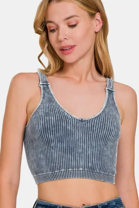 Washed Ribbed Cropped V-Neck Tank