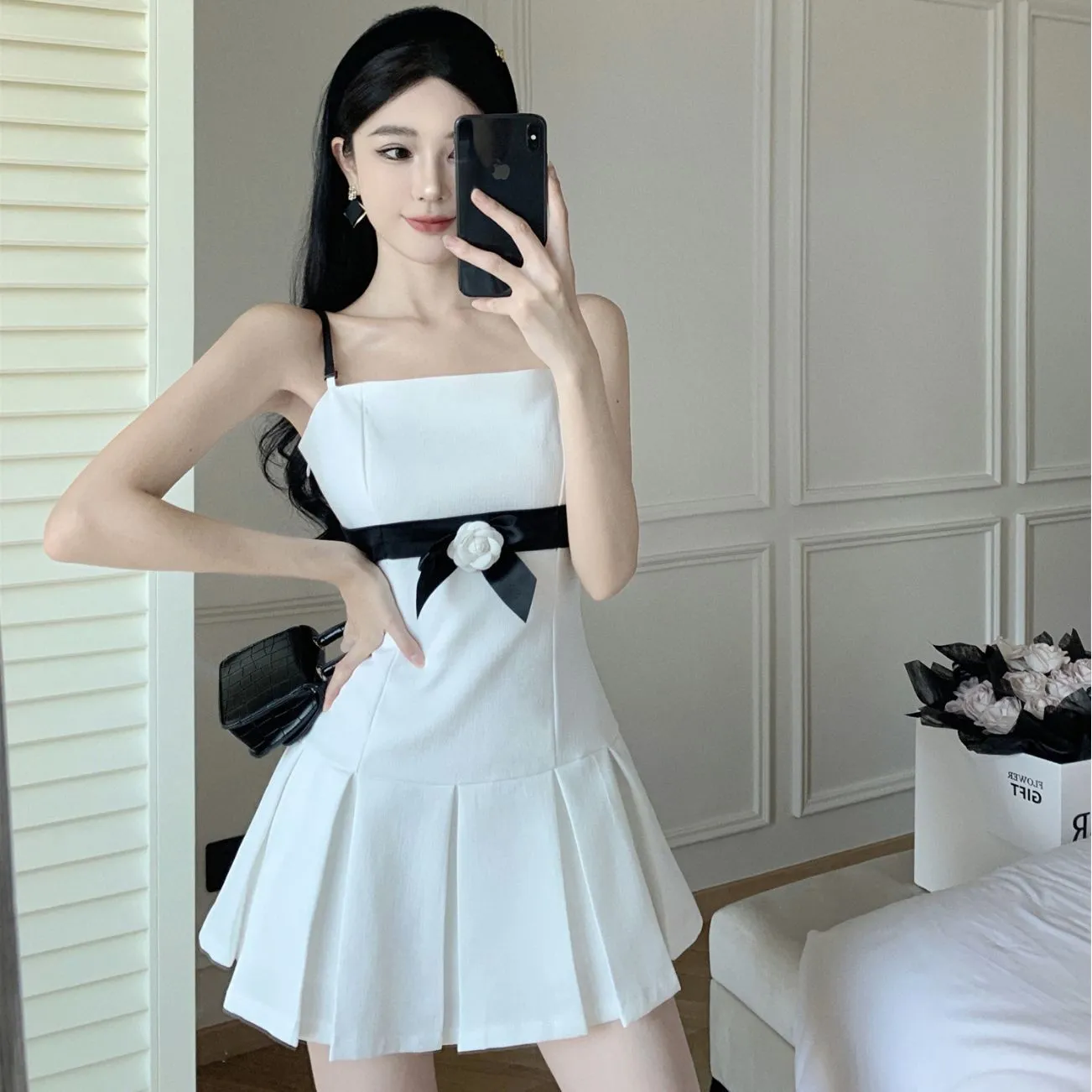 Wenkouban dress to impress Fashion Hot Girl Sexy A- line Pleated Skirt Style Contrast Color Waist Tight Strap Tube Top Dress X5779