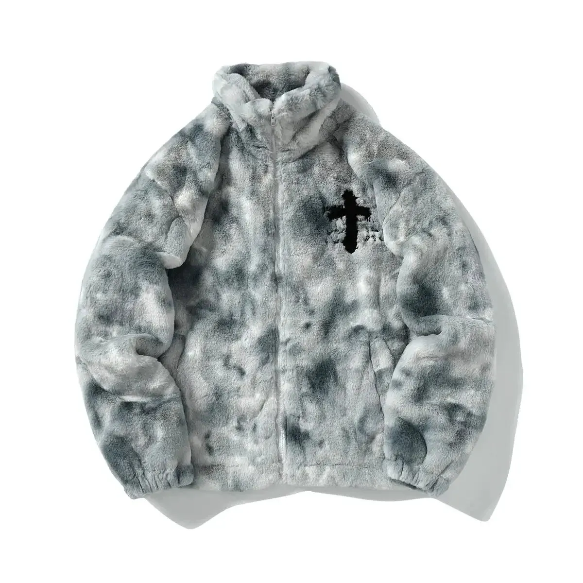 Wiaofellas  -  American Embroidery Retro Tie Dye Gradient Coat Men's Imitation Lamb Wool Rabbit Fur Padded Jacket Thicken Warm Plush Overcoat