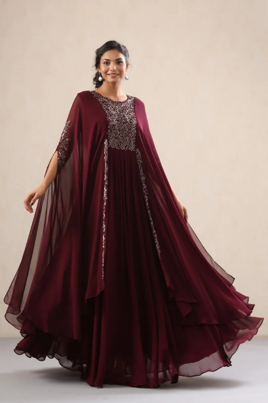 Wine Georgette Embellished Layered Gown