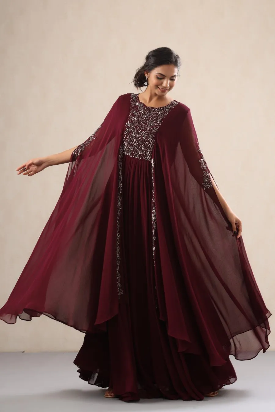 Wine Georgette Embellished Layered Gown