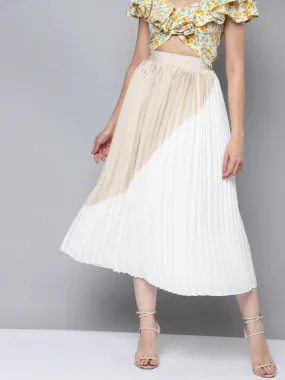 Women Beige & White Colour Block Pleated Skirt