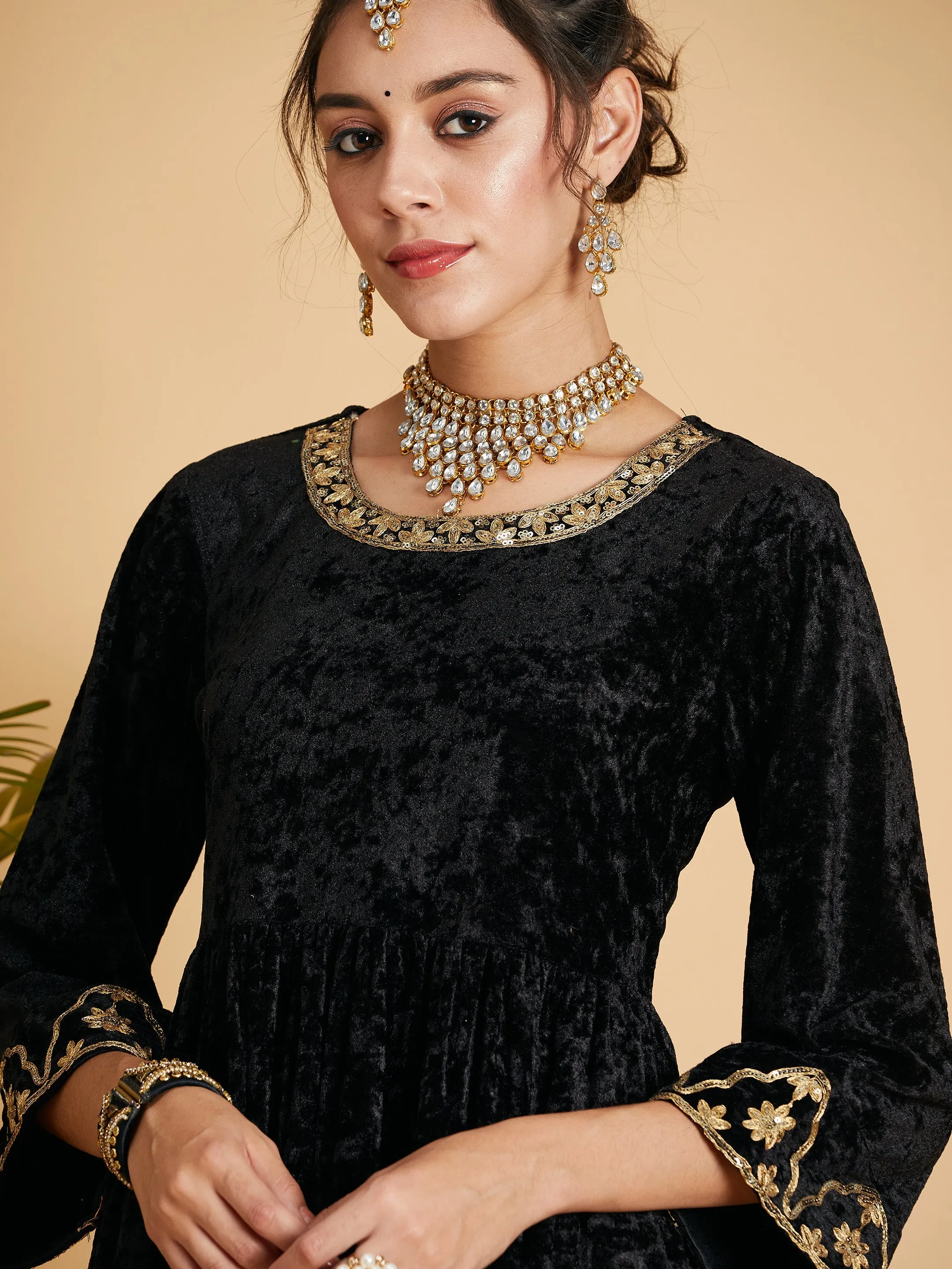 Women Black Velvet Embroidered Dress With Pants