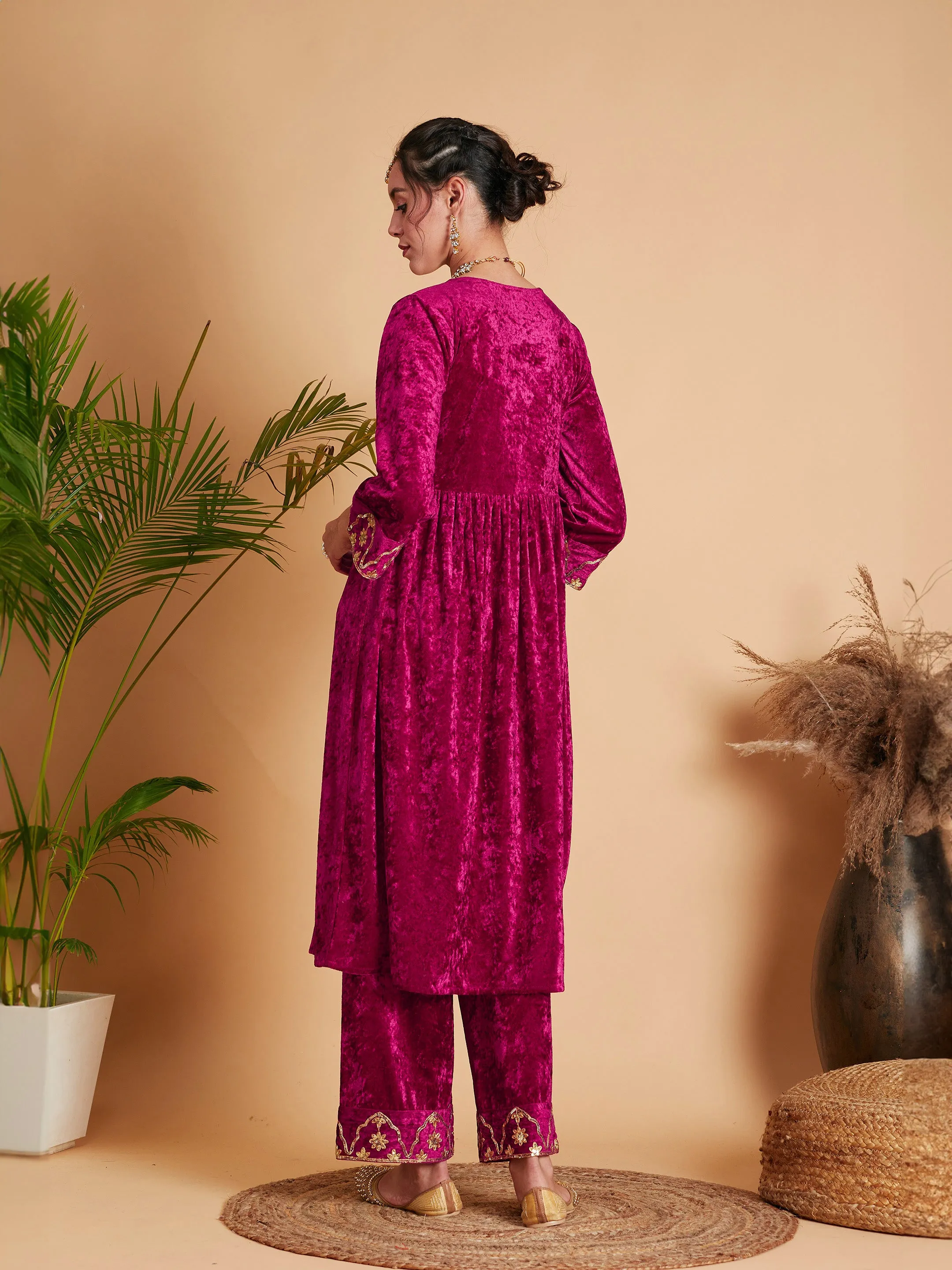 Women Fuchsia Velvet Embroidered Dress With Pants