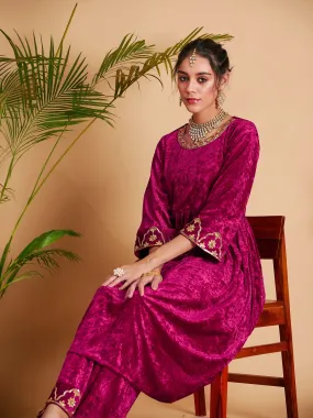 Women Fuchsia Velvet Embroidered Dress With Pants