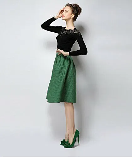 Women High Waist Full A Line Pleated Swing Midi Skirt