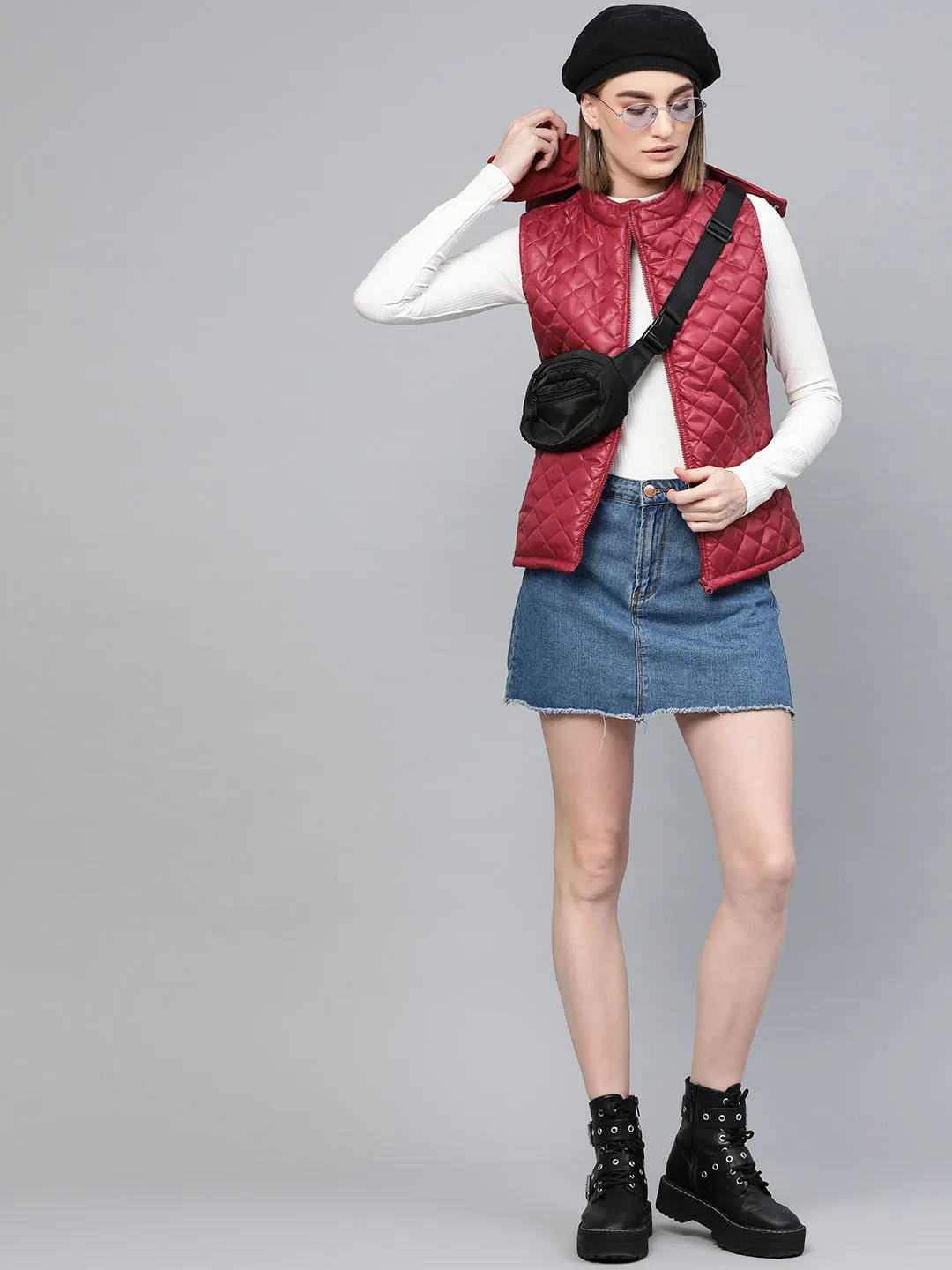 Women Maroon Quilted Sleeveless Hood Jacket