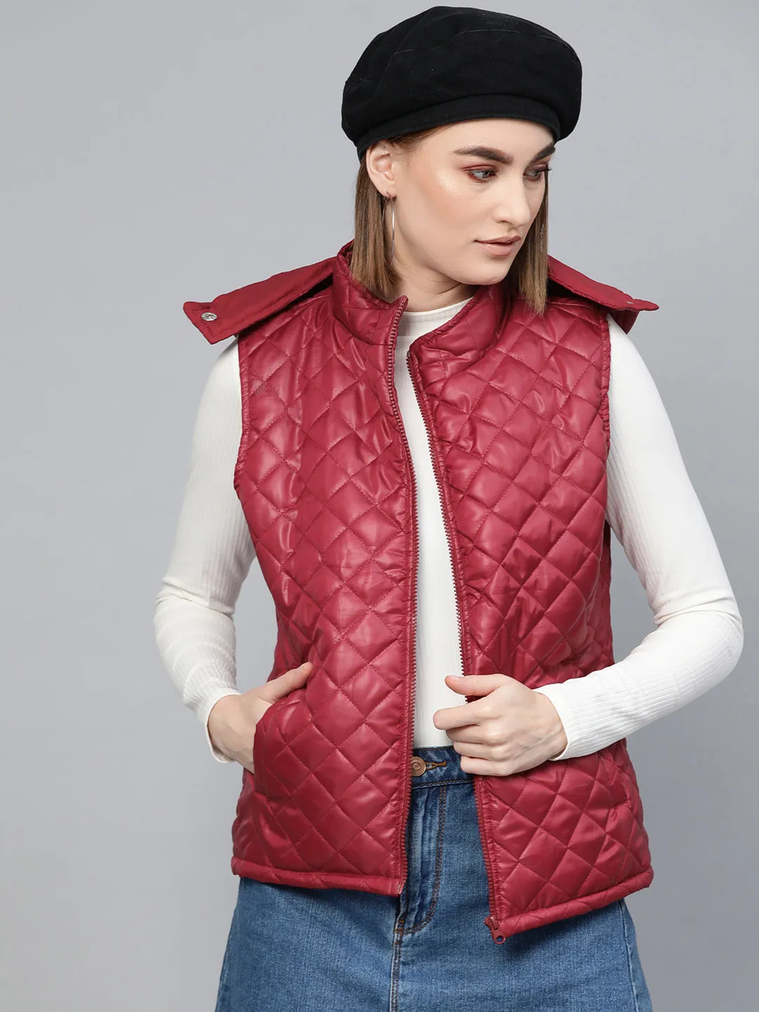 Women Maroon Quilted Sleeveless Hood Jacket