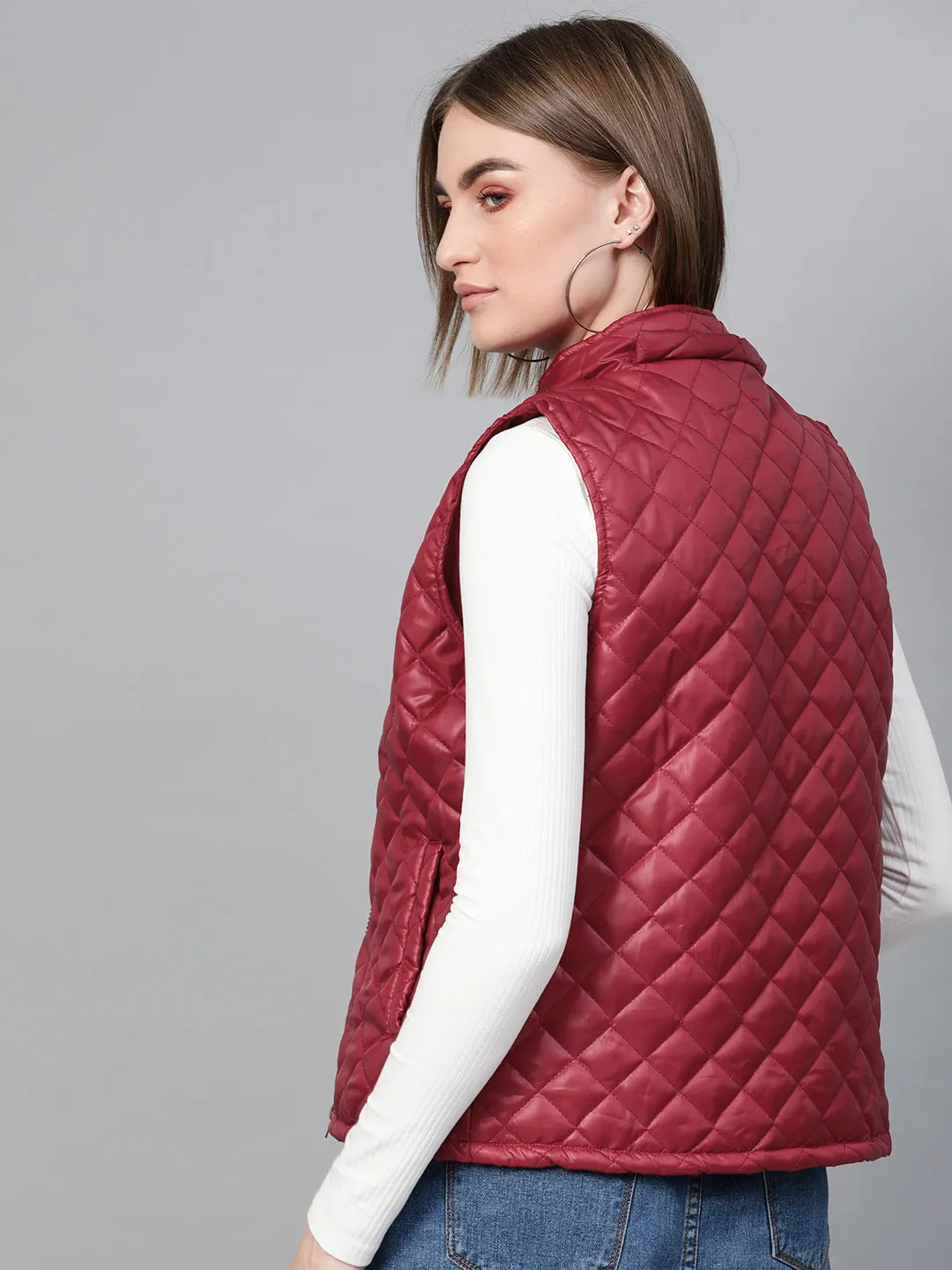 Women Maroon Quilted Sleeveless Hood Jacket