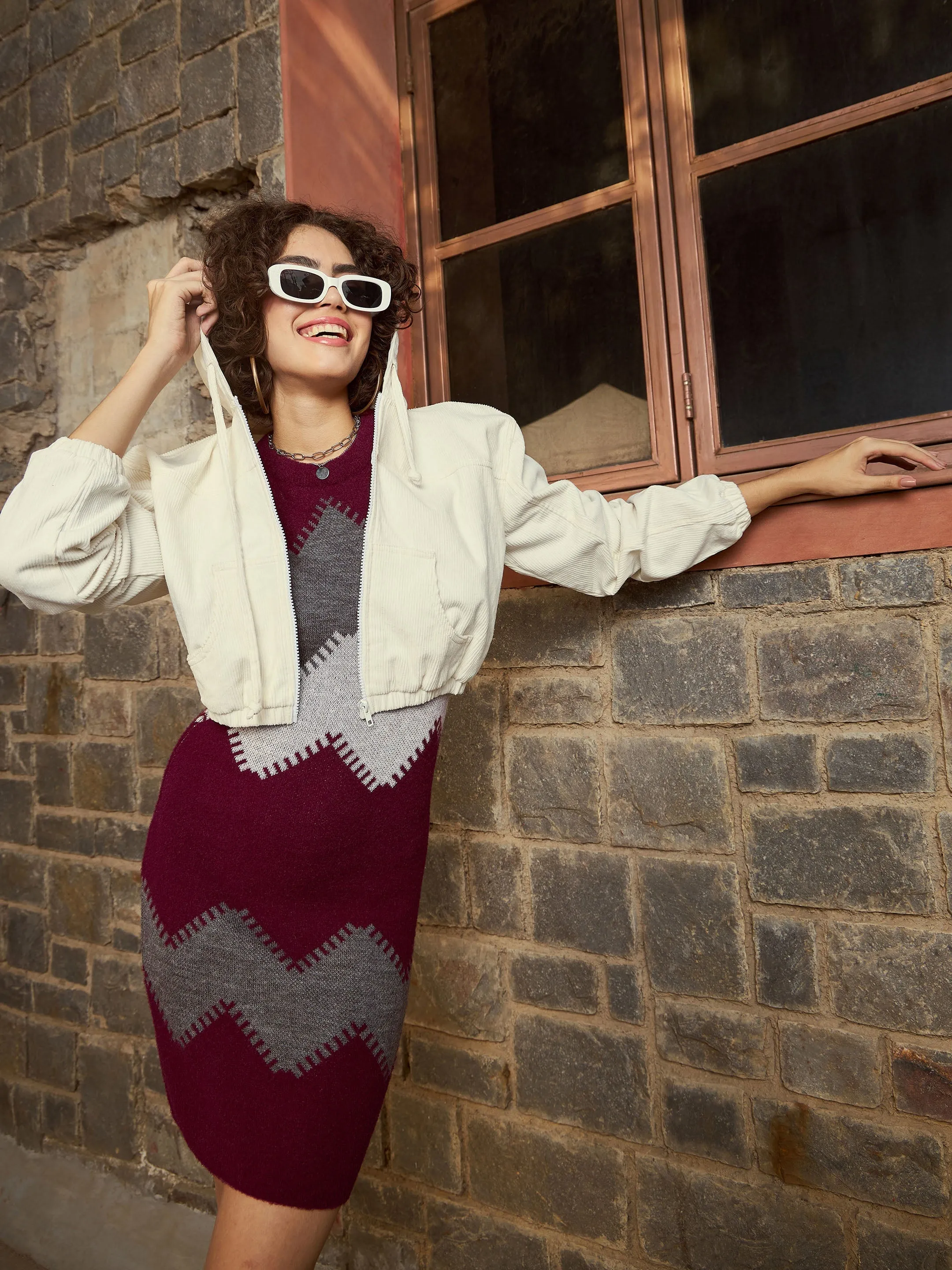 Women Maroon Zig Zag Woolen Sweater Dress