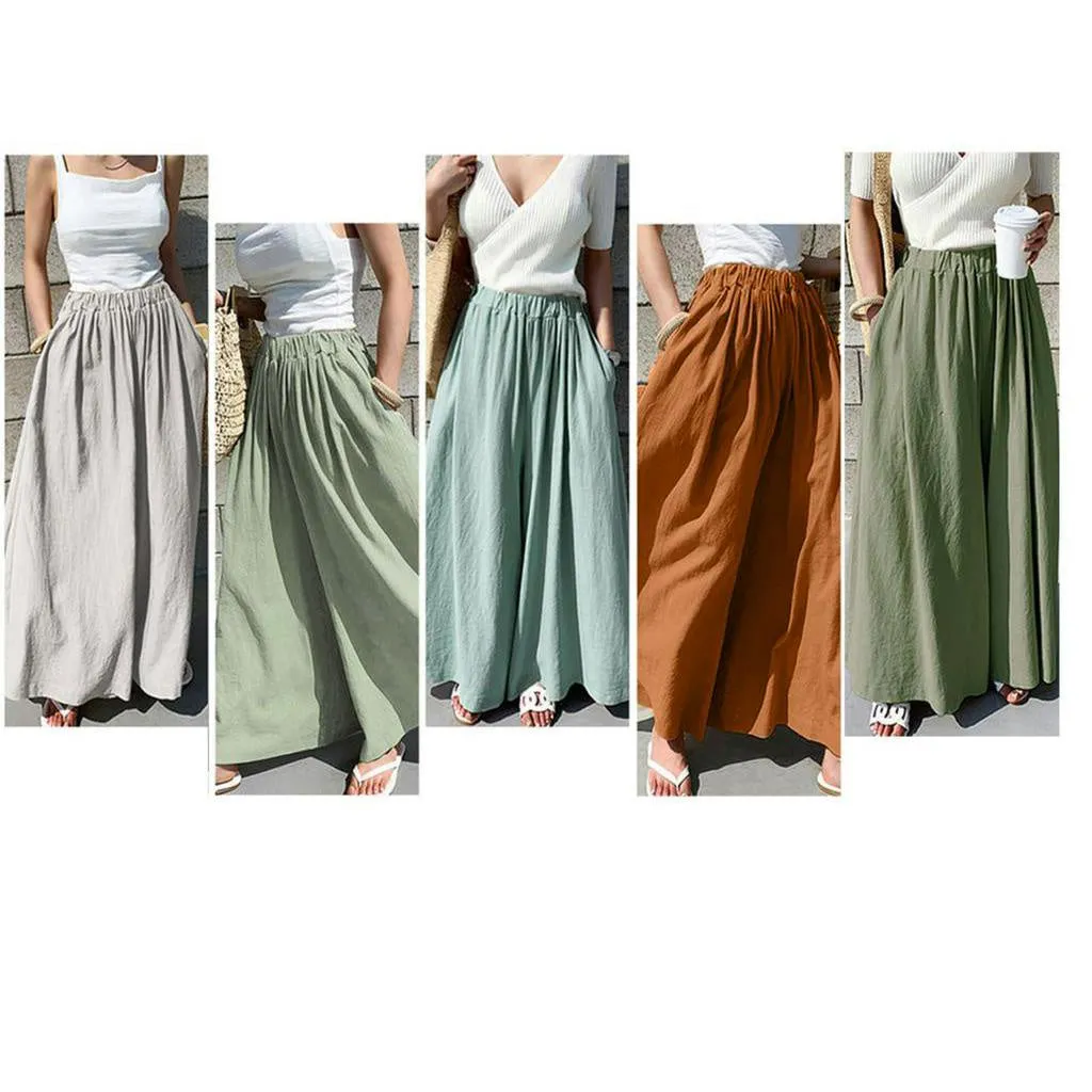 Women Pant Elastic Waist Cotton Linen Wide Leg Pants Loose Boho Style