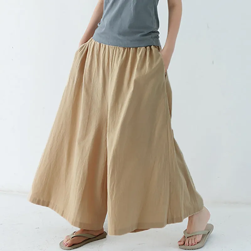 Women Pant Elastic Waist Cotton Linen Wide Leg Pants Loose Boho Style