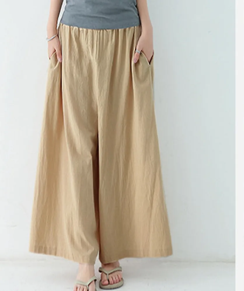 Women Pant Elastic Waist Cotton Linen Wide Leg Pants Loose Boho Style