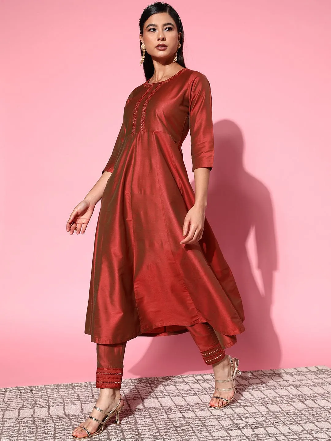 Women Rust Mirror Embroidered Anarkali Kurta With Pants