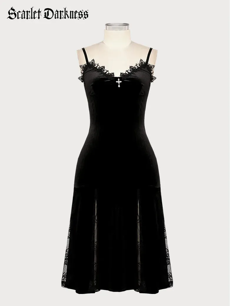 Women Victorian Gothic Style Black Lace Velvet Slip Dress