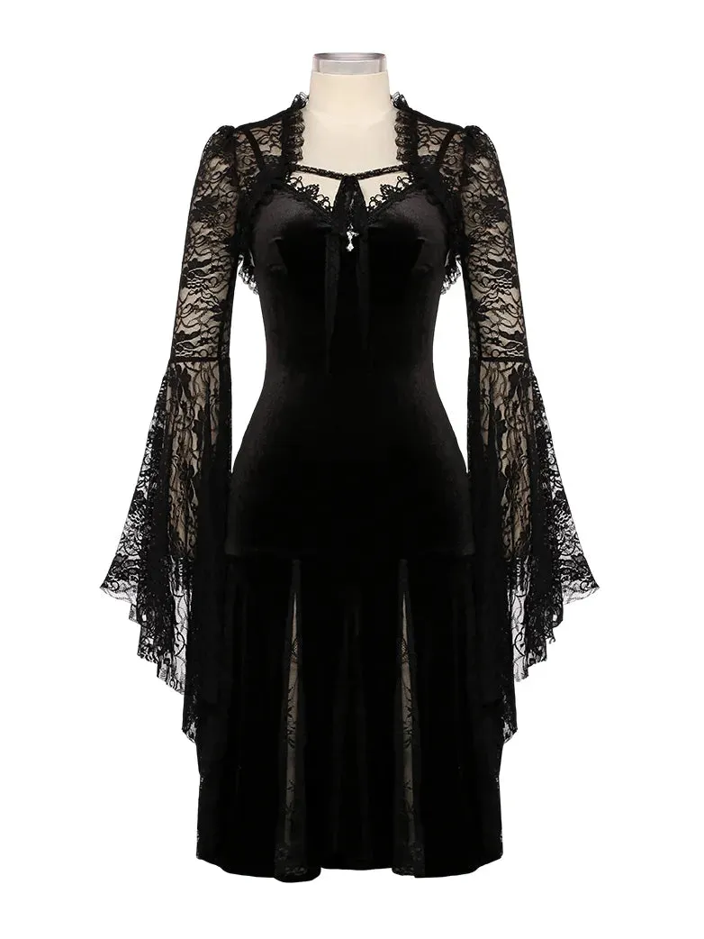 Women Victorian Gothic Style Black Lace Velvet Slip Dress