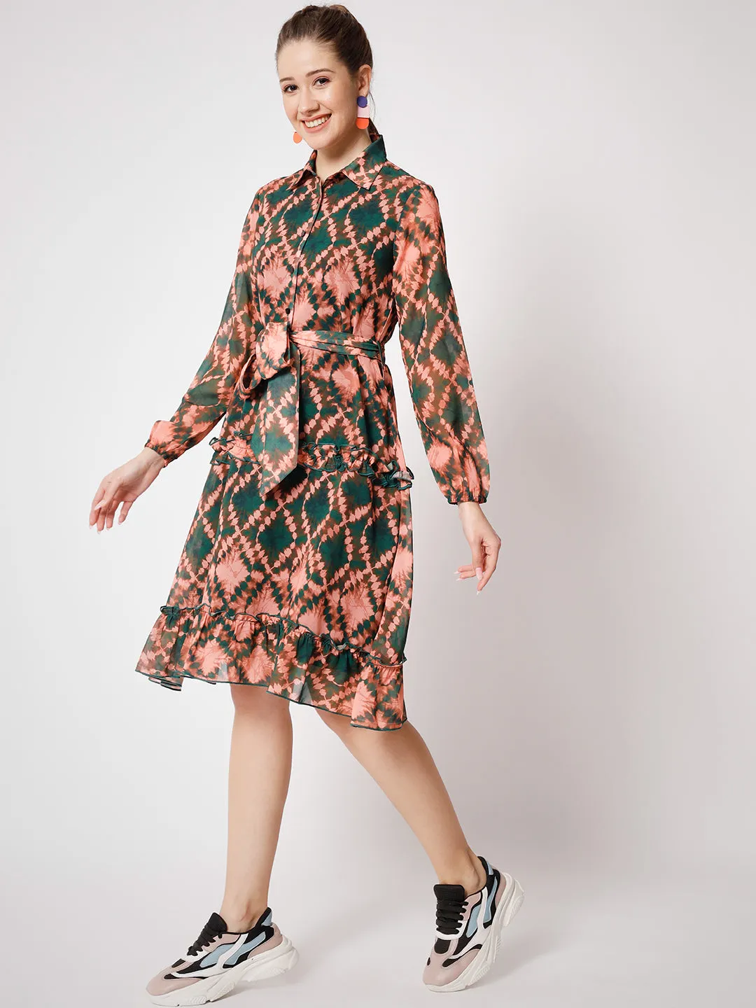 Women's Abstract Printed  Fit & Flare Dress With Belt