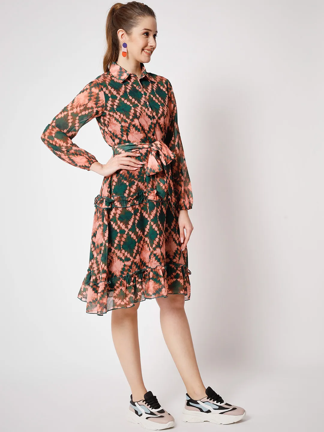 Women's Abstract Printed  Fit & Flare Dress With Belt