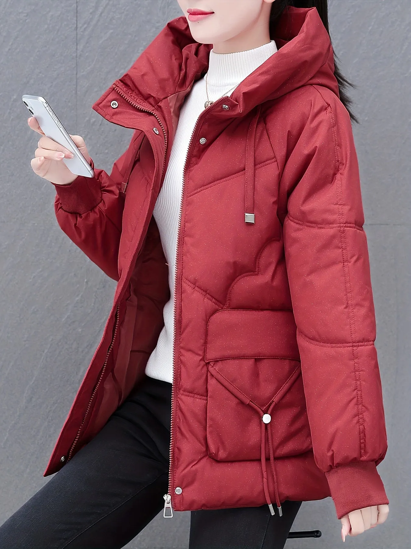 Women's Casual Mid-Length Down Cotton Coat with Hood, Solid Color, Woven Polyester, Long Sleeve, Non-Stretch, No Belt, Non-Waterproof, with Pockets - Winter Thick Cotton Parka